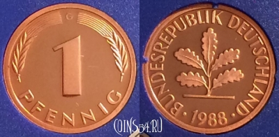 Германия 1 пфенниг 1988 G, KM# 105, PROOF, 401o-142