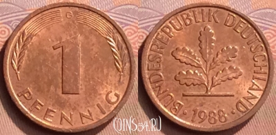 Германия 1 пфенниг 1988 года G, KM# 105, 429-019