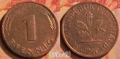 Германия 1 пфенниг 1990 года D, KM# 105, 080n-081