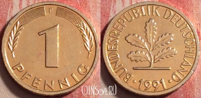 Германия 1 пфенниг 1991 года F, KM# 105, 199j-018