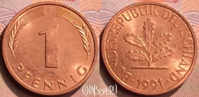 Германия 1 пфенниг 1991 года F, KM# 105, 429-031