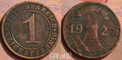 Германия 1 рейхспфенниг 1927 года F, KM# 37, 445-009
