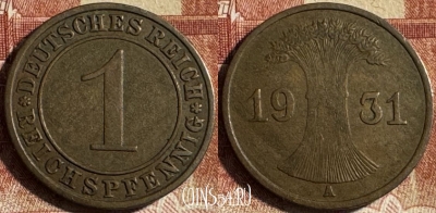 Германия 1 рейхспфенниг 1931 A, KM# 37, 452s-040