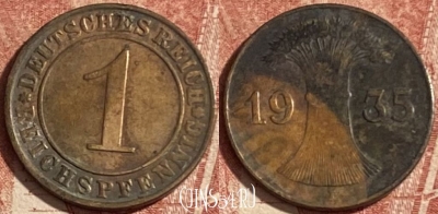 Германия 1 рейхспфенниг 1935 года J, KM# 37, 257p-091