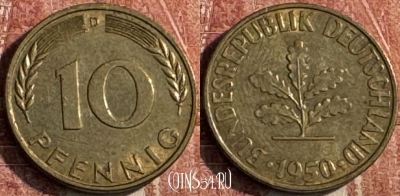 Германия 10 пфеннигов 1950 D, KM# 108, 120s-058 ♛