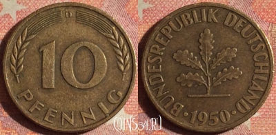 Германия 10 пфеннигов 1950 года D, KM# 108, 167i-002