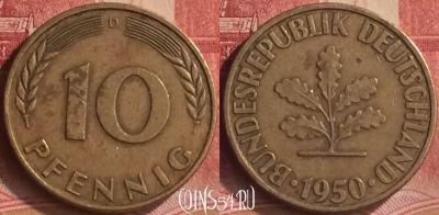 Германия 10 пфеннигов 1950 года D, KM# 108, 188m-029