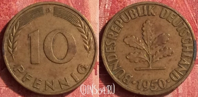Германия 10 пфеннигов 1950 года D, KM# 108, 340o-006