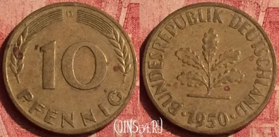 Германия 10 пфеннигов 1950 года D, KM# 108, 383o-006