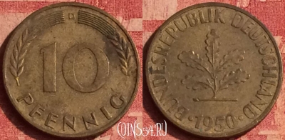 Германия 10 пфеннигов 1950 года D, KM# 108, 383o-124