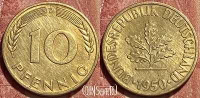 Германия 10 пфеннигов 1950 года D, KM# 108, 389q-071