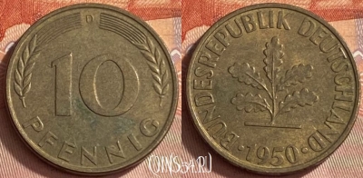 Германия 10 пфеннигов 1950 года D, KM# 108, 413o-032