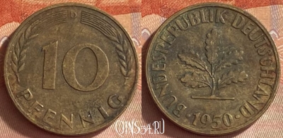 Германия 10 пфеннигов 1950 года D, KM# 108, 418o-137