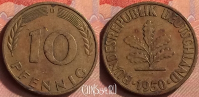 Германия 10 пфеннигов 1950 года D, KM# 108, 432o-004