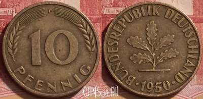 Германия 10 пфеннигов 1950 года F, KM# 108, 140l-034