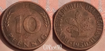 Германия 10 пфеннигов 1950 года F, KM# 108, 307o-079