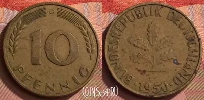 Германия 10 пфеннигов 1950 года G, KM# 108, 139o-050