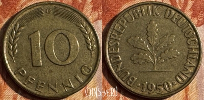 Германия 10 пфеннигов 1950 G, KM# 108, 149s-084