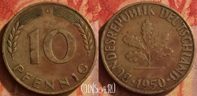 Германия 10 пфеннигов 1950 года G, KM# 108, 157o-071