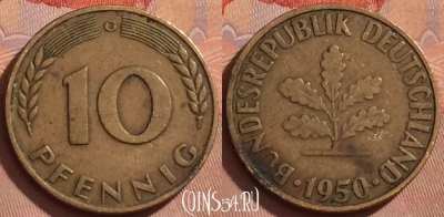 Германия 10 пфеннигов 1950 года G, KM# 108, 371k-057