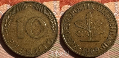 Германия 10 пфеннигов 1969 G, KM# 108, 352s-098