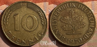 Германия 10 пфеннигов 1970 D, KM# 108, 395s-020