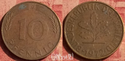 Германия 10 пфеннигов 1972 года G, KM# 108, 382o-109