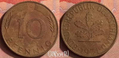 Германия 10 пфеннигов 1974 года G, KM# 108, 431o-136
