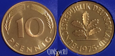 Германия 10 пфеннигов 1975 F, KM# 108, PROOF, 401o-053