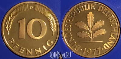 Германия 10 пфеннигов 1977 D, KM# 108, PROOF, 401o-004