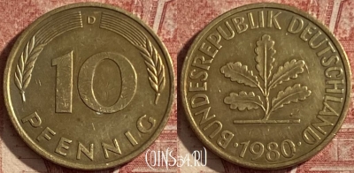 Германия 10 пфеннигов 1980 D, KM# 108, 121q-064