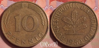 Германия 10 пфеннигов 1980 D, KM# 108, 219k-138