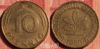 Германия 10 пфеннигов 1980 года F, KM# 108, 385o-071