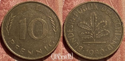 Германия 10 пфеннигов 1980 J, KM# 108, 390q-003