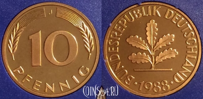 Германия 10 пфеннигов 1988 J, KM# 108, PROOF, 401o-121