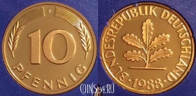 Германия 10 пфеннигов 1988 F, KM# 108, PROOF, 401o-130