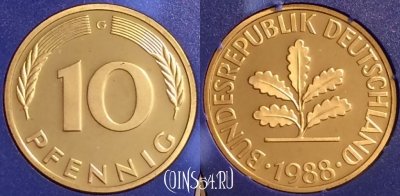 Германия 10 пфеннигов 1988 G, KM# 108, PROOF, 401o-145