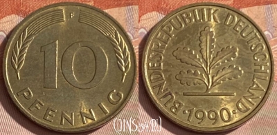 Германия 10 пфеннигов 1990 года F, KM# 108, 348p-075