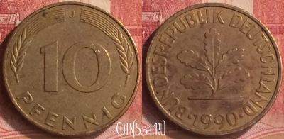 Германия 10 пфеннигов 1990 года J, KM# 108, 189m-002