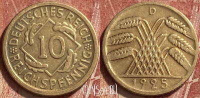 Германия 10 рейхспфеннигов 1925 D, KM# 40, 334q-089