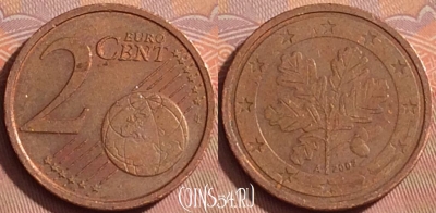 Германия 2 евроцента 2002 года A, KM# 208, 359k-128