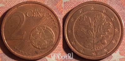 Германия 2 евроцента 2002 года D, KM# 208, 173i-130