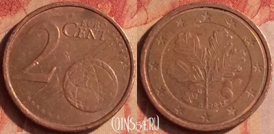 Германия 2 евроцента 2002 года G, KM# 208, 437-091