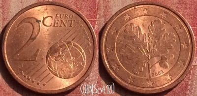 Германия 2 евроцента 2003 года J, KM# 208, 406-026