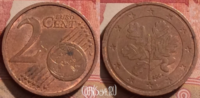 Германия 2 евроцента 2004 года J, KM# 208, 283k-012