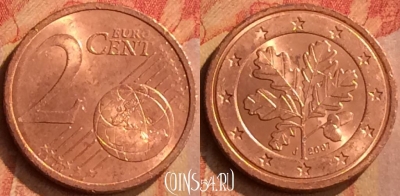 Германия 2 евроцента 2007 года J, KM# 208, 102n-136