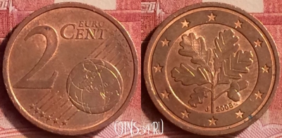Германия 2 евроцента 2008 J, KM# 208, 349l-071