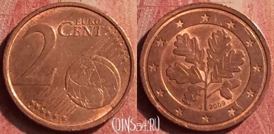 Германия 2 евроцента 2009 года J, KM# 208, 384n-042