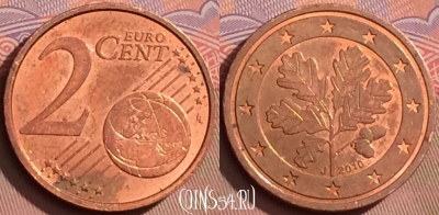 Германия 2 евроцента 2010 года J, KM# 208, 084l-108