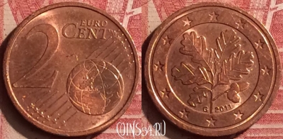 Германия 2 евроцента 2011 года G, KM# 208, 198n-131